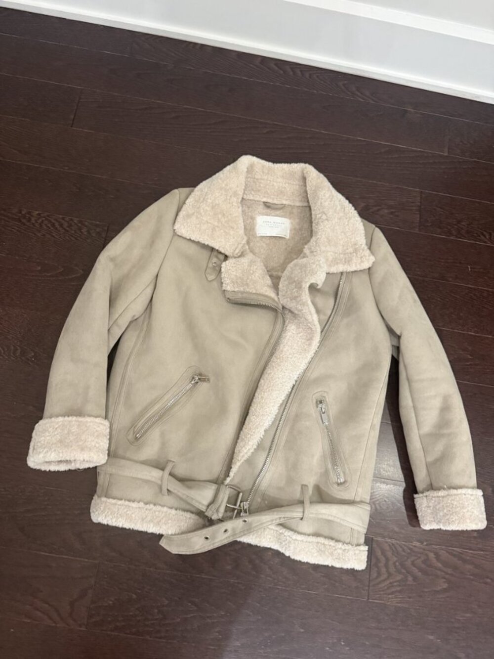 Zara Beige Faux Suede Faux Shearling Belted Biker Aviator Jacket Oversized XS